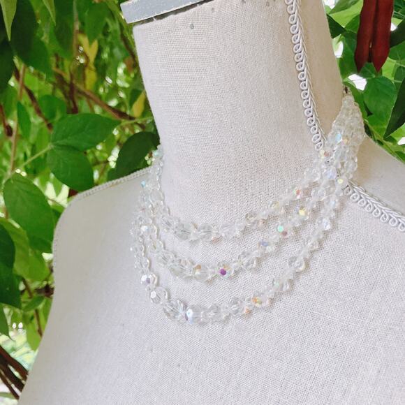 VTG Mid Century AB Crystal Triple Strand Necklace Aurora Borealis 1950s Bridal - Picture 11 of 12